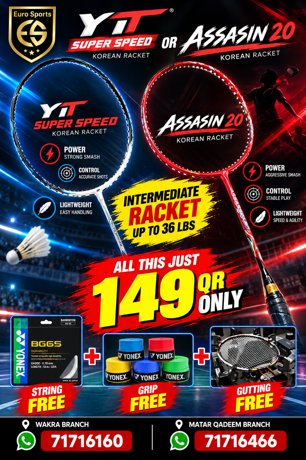 YT Super Speed / Assasin 20 Korean Racket Combo Offer – Racket + Free String + Free Grip + Free Gutting