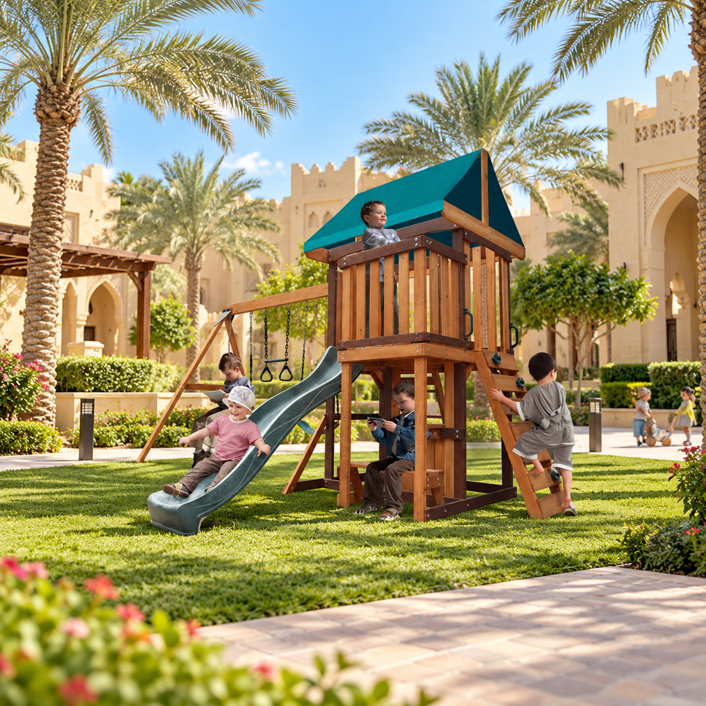 MOUNTPEAK Logan Wooden Swing Set & Playhouse with Balcony