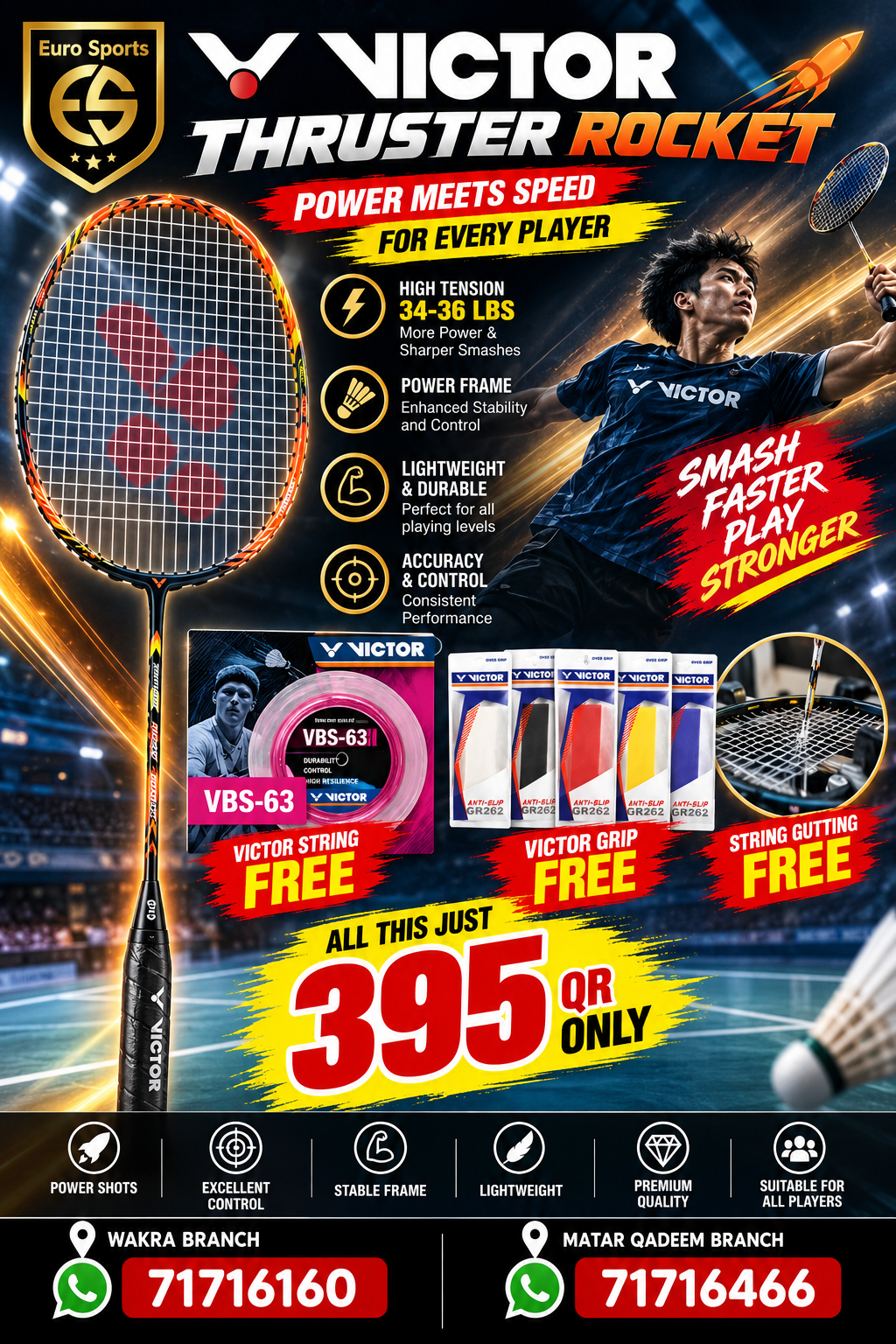 Victor Thruster Rocket Combo Offer – Racket + Free VBS-63 String + Free Grip + Free Gutting