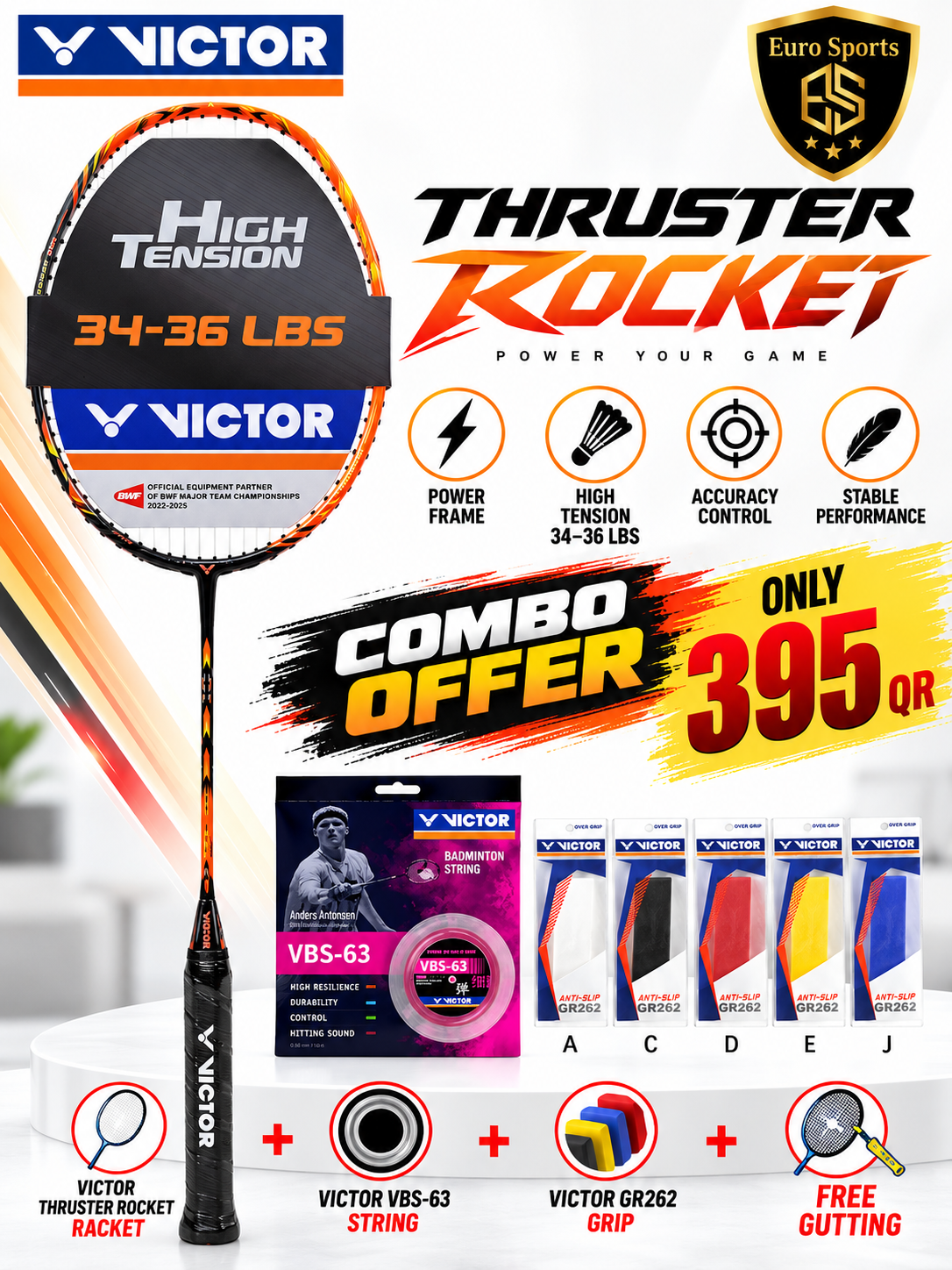 Victor Thruster Rocket Combo Offer – Racket + Free VBS-63 String + Free Grip + Free Gutting