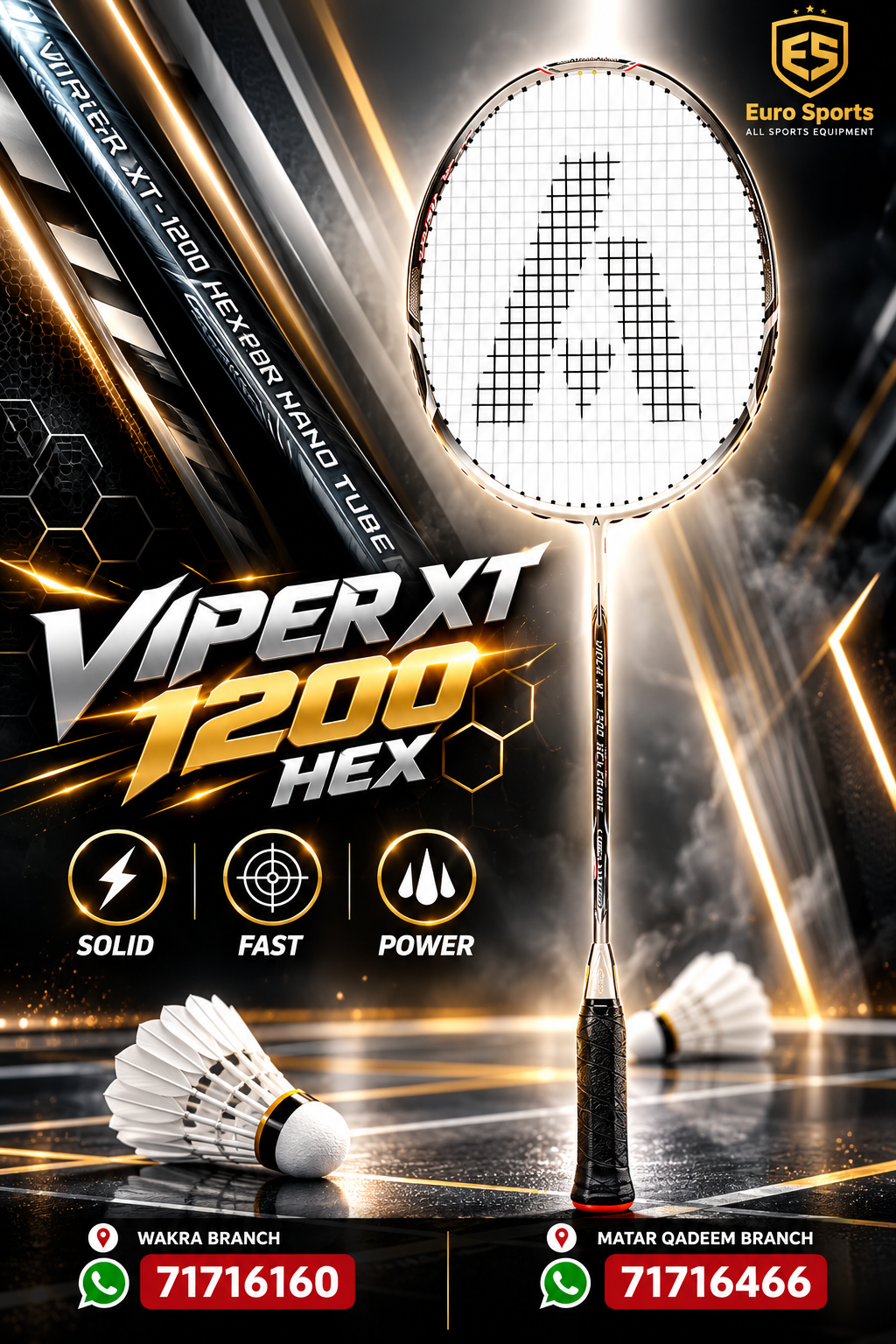 Ashaway Badminton Racket - Viper XT 1200 Hex Frame