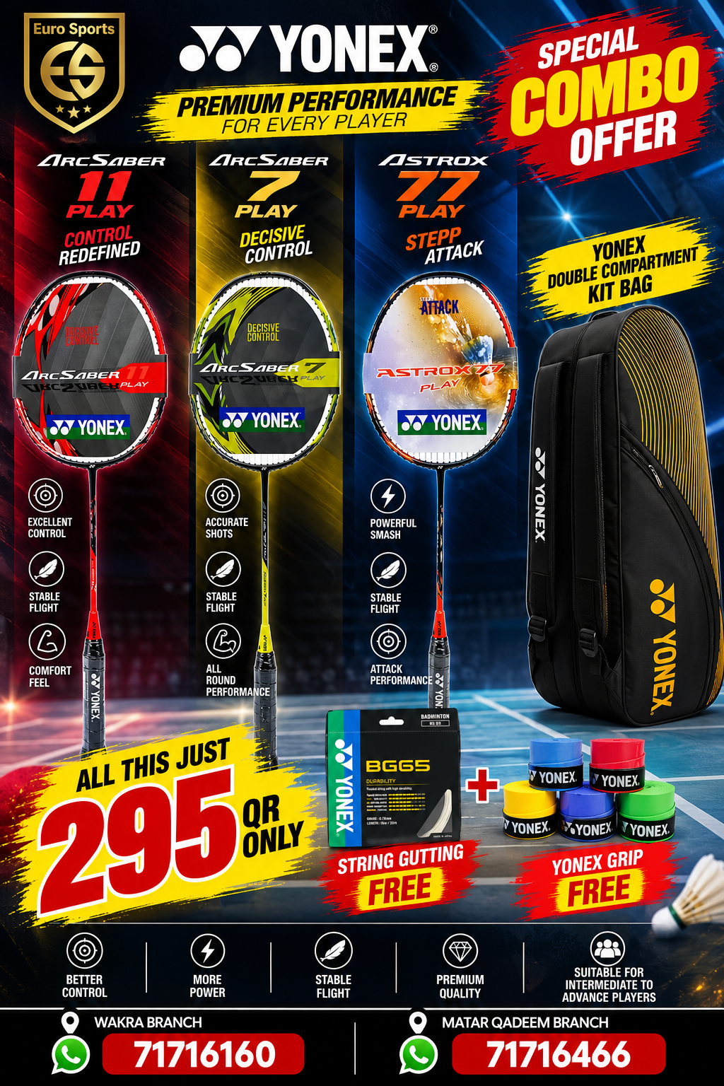 Yonex ArcSaber 11 Play / ArcSaber 7 Play / Astrox 77 Play Combo Offer – Racket + Double Compartment Kit Bag + Free String Gutting + Free Grip