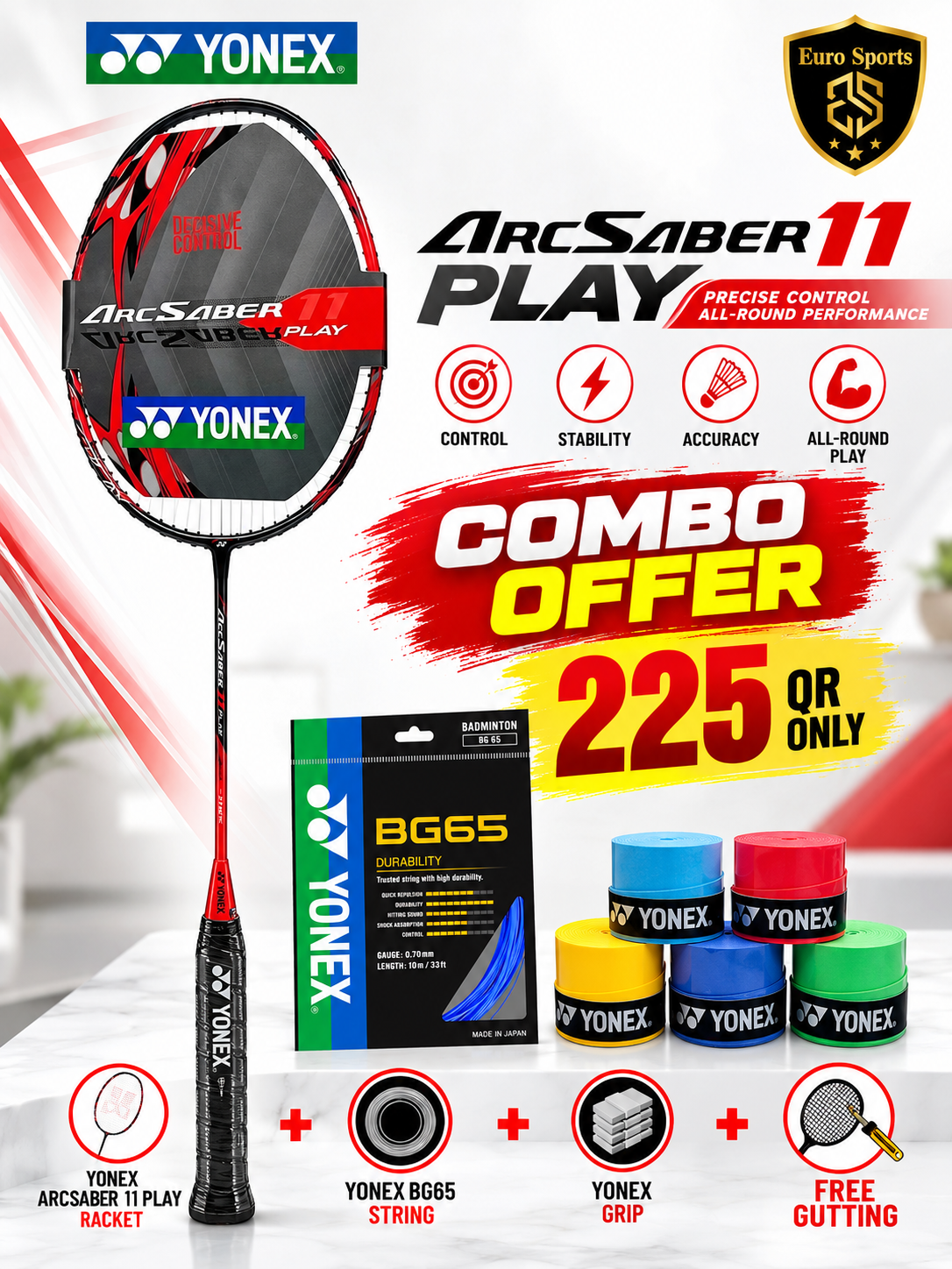 Yonex Arcsaber 11 Play Combo Offer – Racket + Free String + Free Grip + Free Gutting