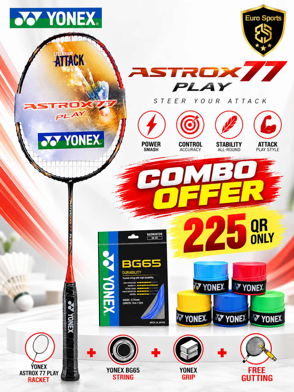 Yonex Astrox 77 Play Combo Offer – Racket + Free String + Free Grip + Free Gutting