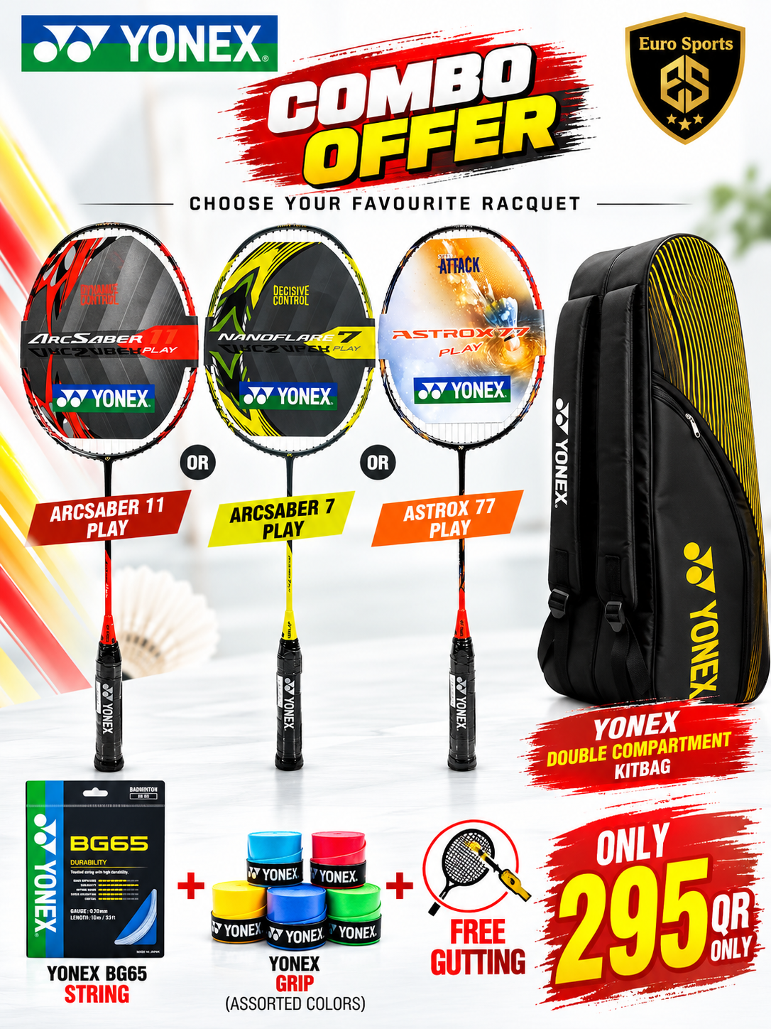 Yonex ArcSaber 11 Play / ArcSaber 7 Play / Astrox 77 Play Combo Offer – Racket + Double Compartment Kit Bag + Free String Gutting + Free Grip