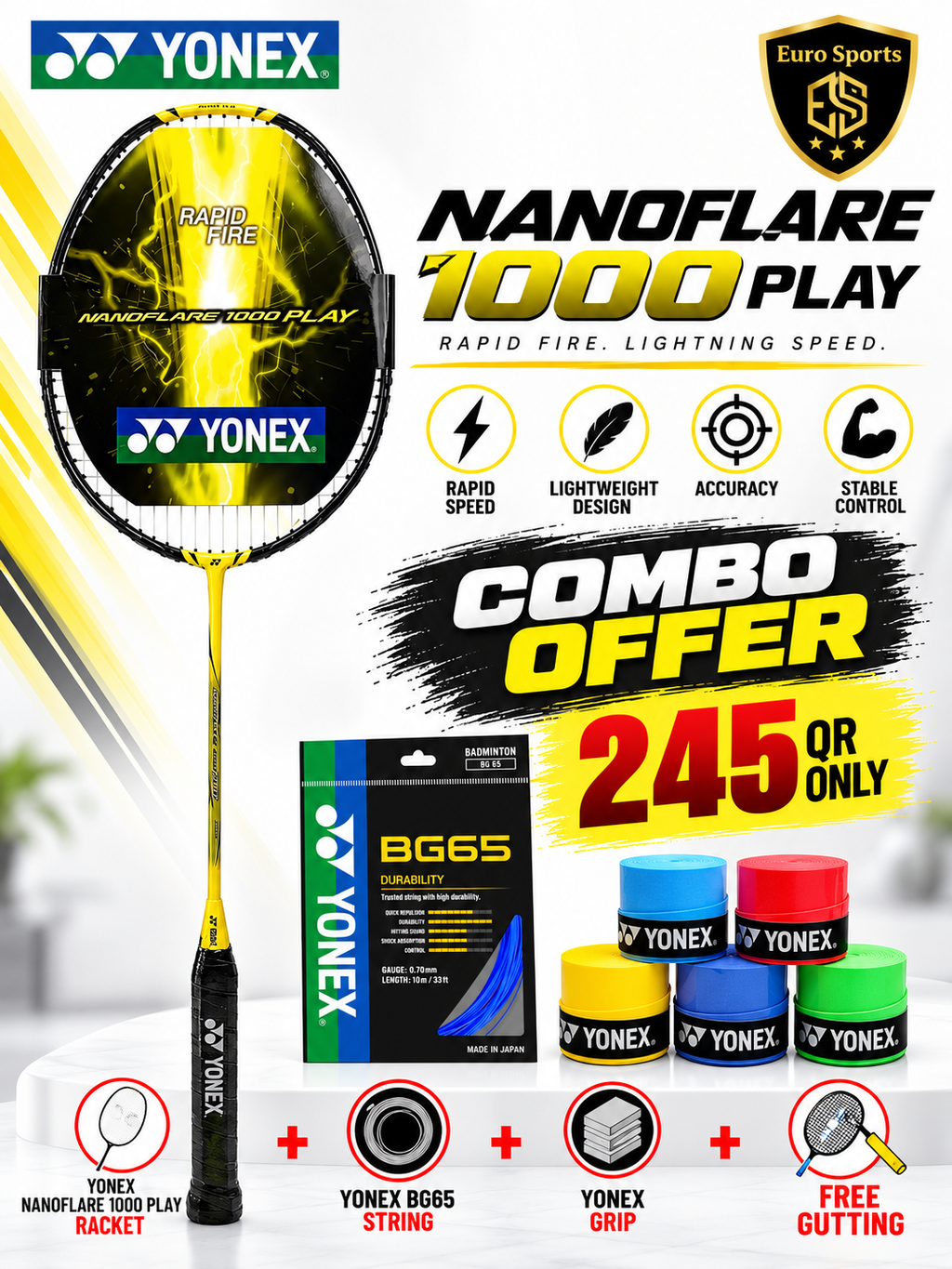 Yonex Nanoflare 1000 Play Combo Offer – Racket + Free String + Free Grip + Free Gutting