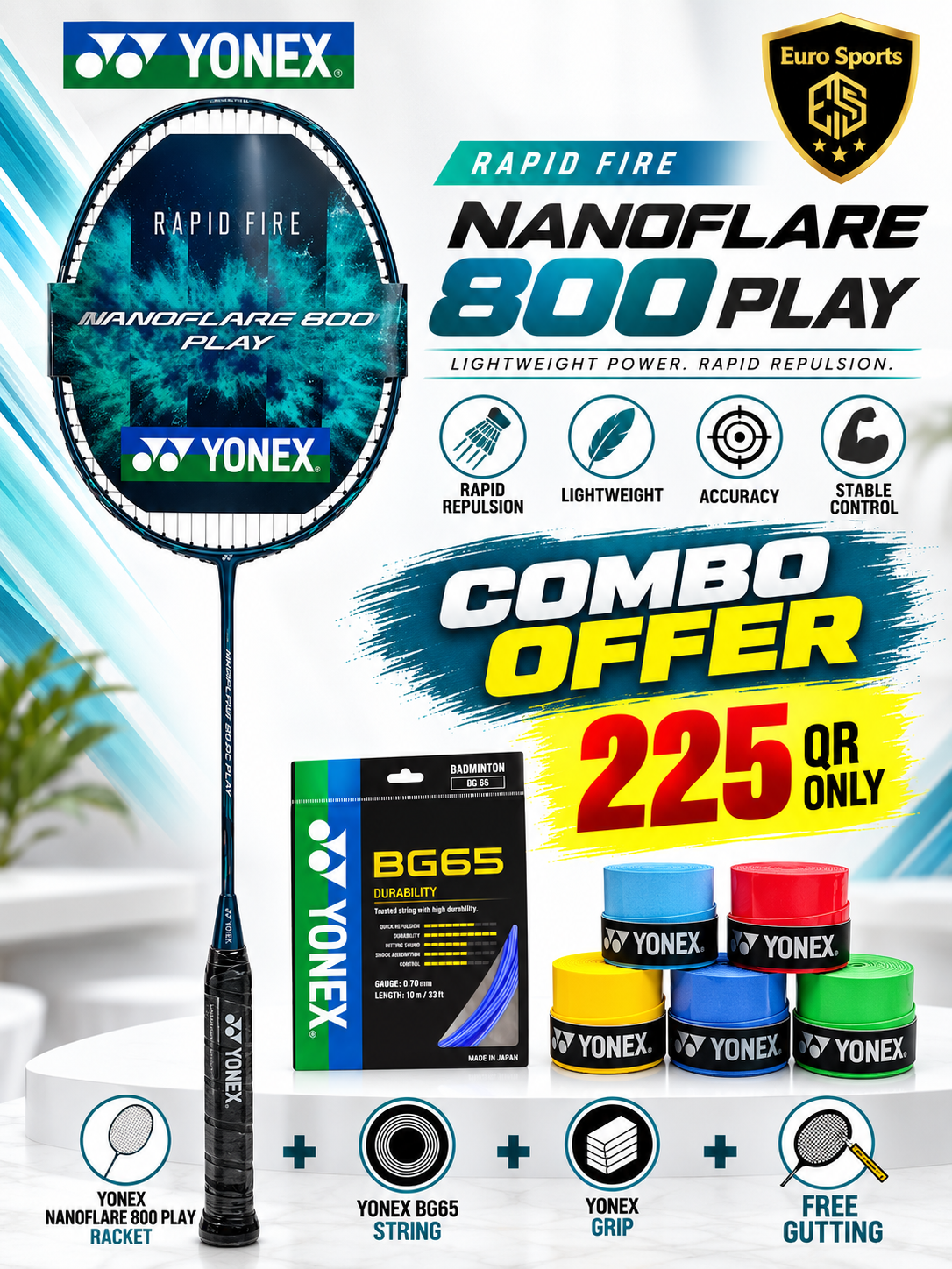 Yonex Nanoflare 800 Play Combo Offer – Racket + Free String + Free Grip + Free Gutting