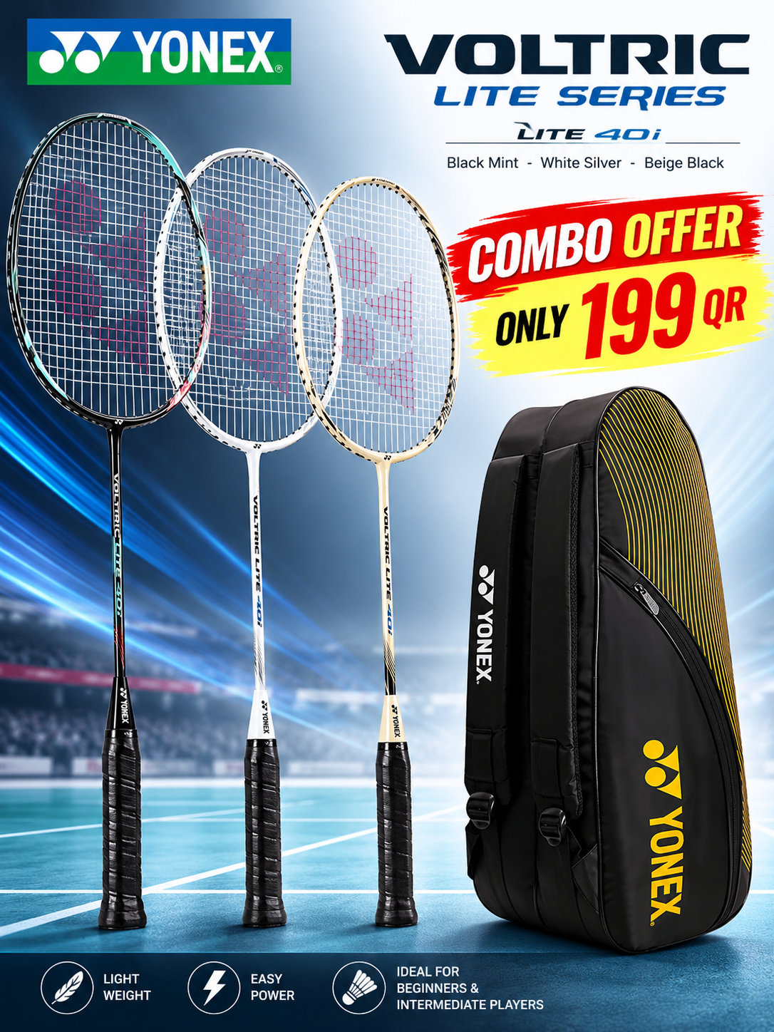 Yonex Astrox Lite / Voltric Lite Combo Offer – Racket + Yonex Double Compartment Kit Bag (30 lbs)