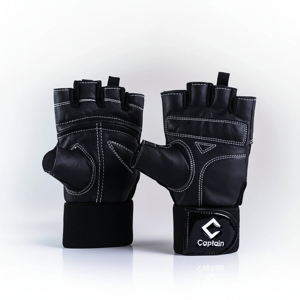 A pair of black fingerless training gloves with white contrast stitching and a black wrist strap featuring a white Captain logo, shown against a light gray background.