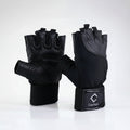 A pair of black fingerless workout gloves with elastic wrist straps, shown on a clean white background. One glove is turned palm-side and the other is shown from the back, featuring a black brand patch that reads 'Captain'.