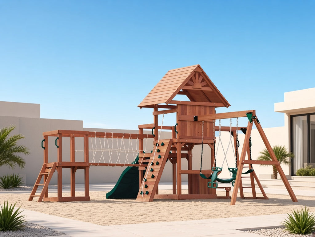 MOUNTPEAK Everest Double Decker Wooden Swing Set & Playhouse
