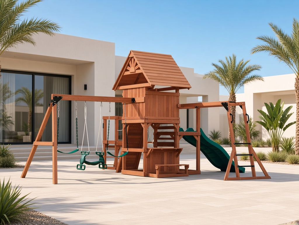 MOUNTPEAK Everest Double Decker Wooden Swing Set & Playhouse