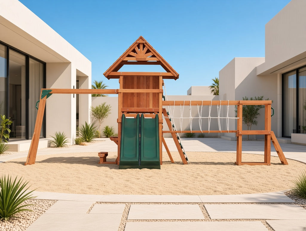 MOUNTPEAK Everest Double Decker Wooden Swing Set & Playhouse